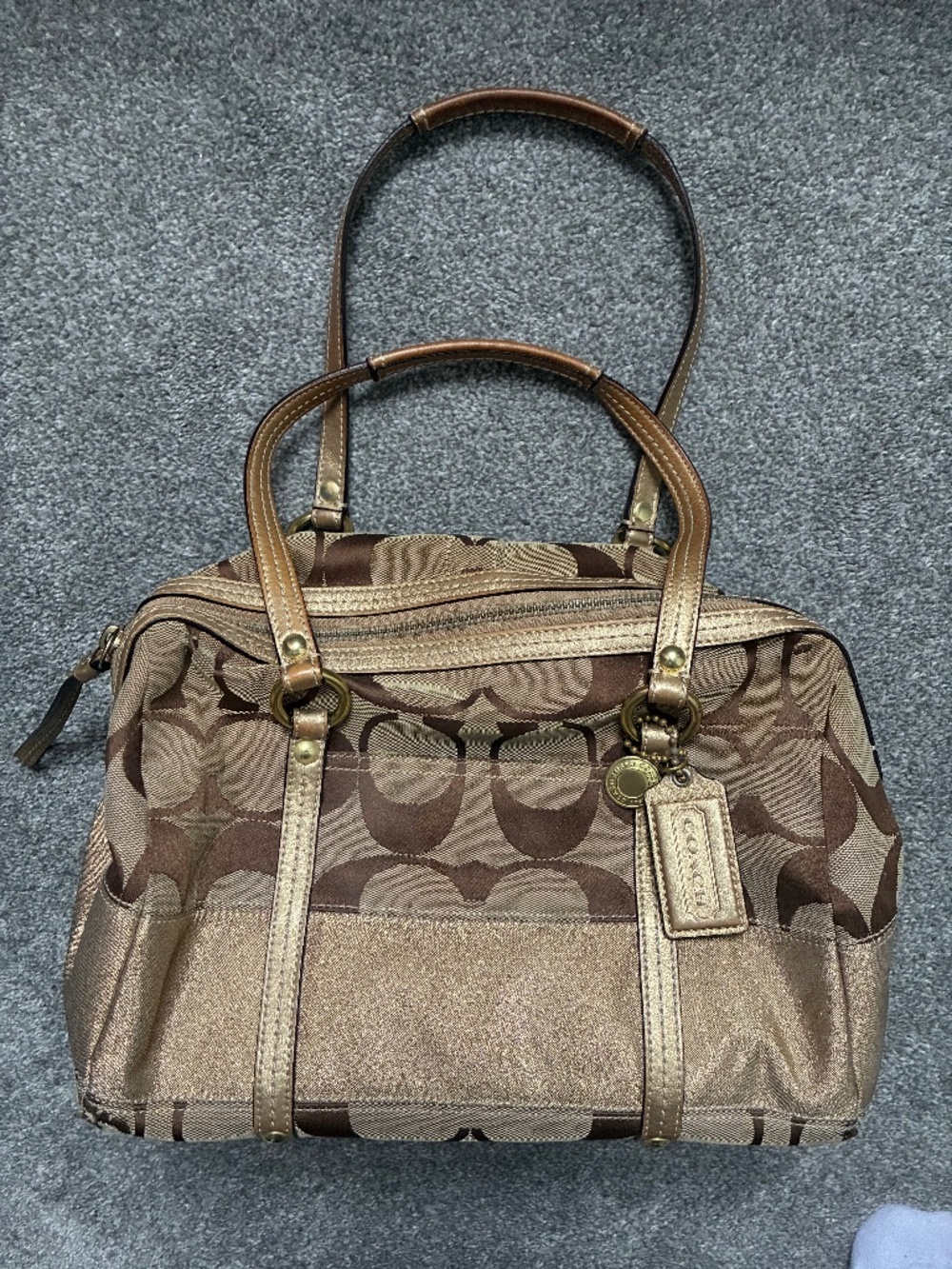 Coach Signature C Stripe Boston Satchel Tan Gold Brown Canvas Duffle Bag Purse